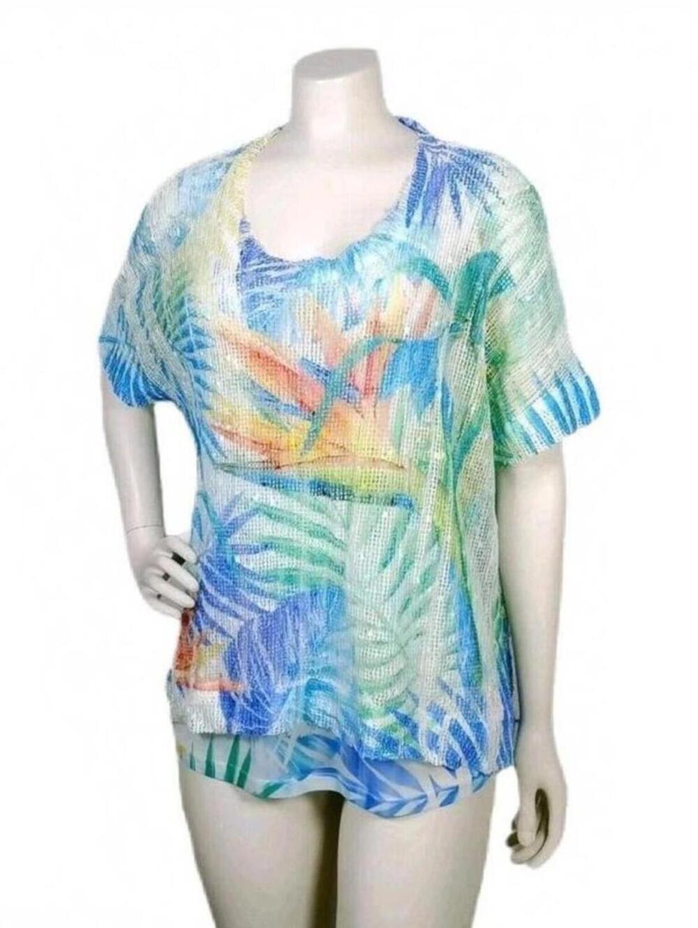 Vintage Patchington Womens Size S 2pc Tank Mesh Top Art to Wear Tropical Palms